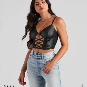Late night faux leather lattice crop top